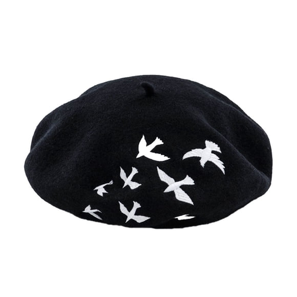 EeaseMX Boina de lana con bordado de petirrojo, cálida y moderna, gorro de pintor combinable, tocado retro de pintor para mujer (negro)