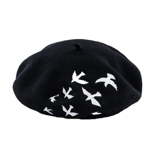 EeaseMX Boina de lana con bordado de petirrojo, cálida y moderna, gorro de pintor combinable, tocado retro de pintor para mujer (negro)
