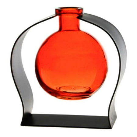 New Contemporary Tabletop Glass Ball Rooting or Bud Vase w/Gift Box ~ Orange G310VM Colored Floral Glass Vase with Contemporary Black Metal Stand