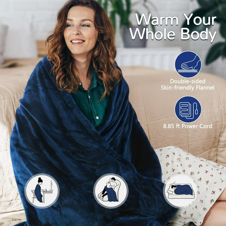 iTeknic Electric Blanket Heated Blanket 50 x 60 Flannel Heated Throw with  10 Heating Levels, Auto-off, Machine Washable, Blue