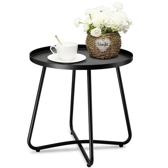 danpinera Outdoor Patio Side Table, Small Round Metal End Table with Flower Cut Outs Weather Resistant for Outside 17.72" Height - Black
