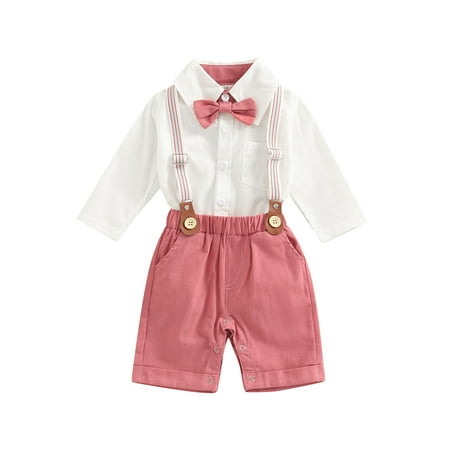 

Toddler Boys Gentleman Suit Long Sleeve Lapel Neck Shirt Romper with Bow Tie + Shorts + Suspender Shoulder Strap