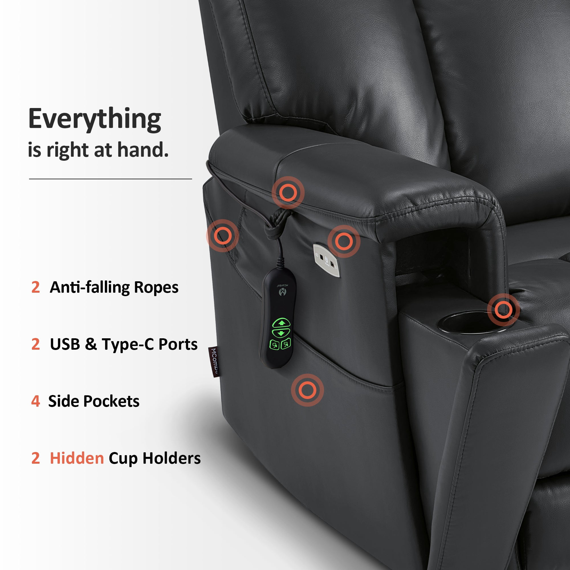 MCombo 450LB Oversized Dual Motor Power Lift Recliner Chair for Big Tall Elderly, Hidden Cup Holders, Faux Leather, Black