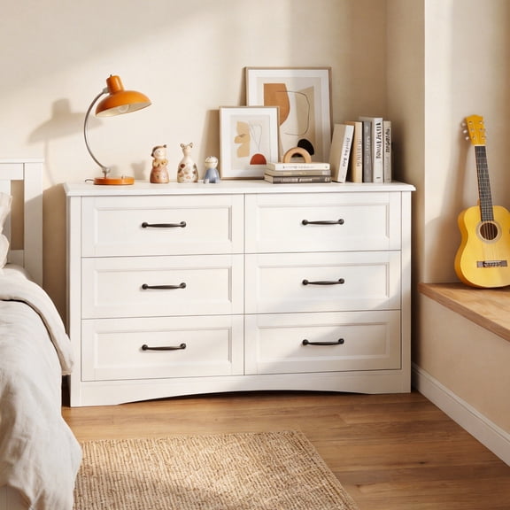 Dresser for Bedroom, Asofer 6-Drawer White Dresser with Metal Handle, Chest of Drawers for Living Room