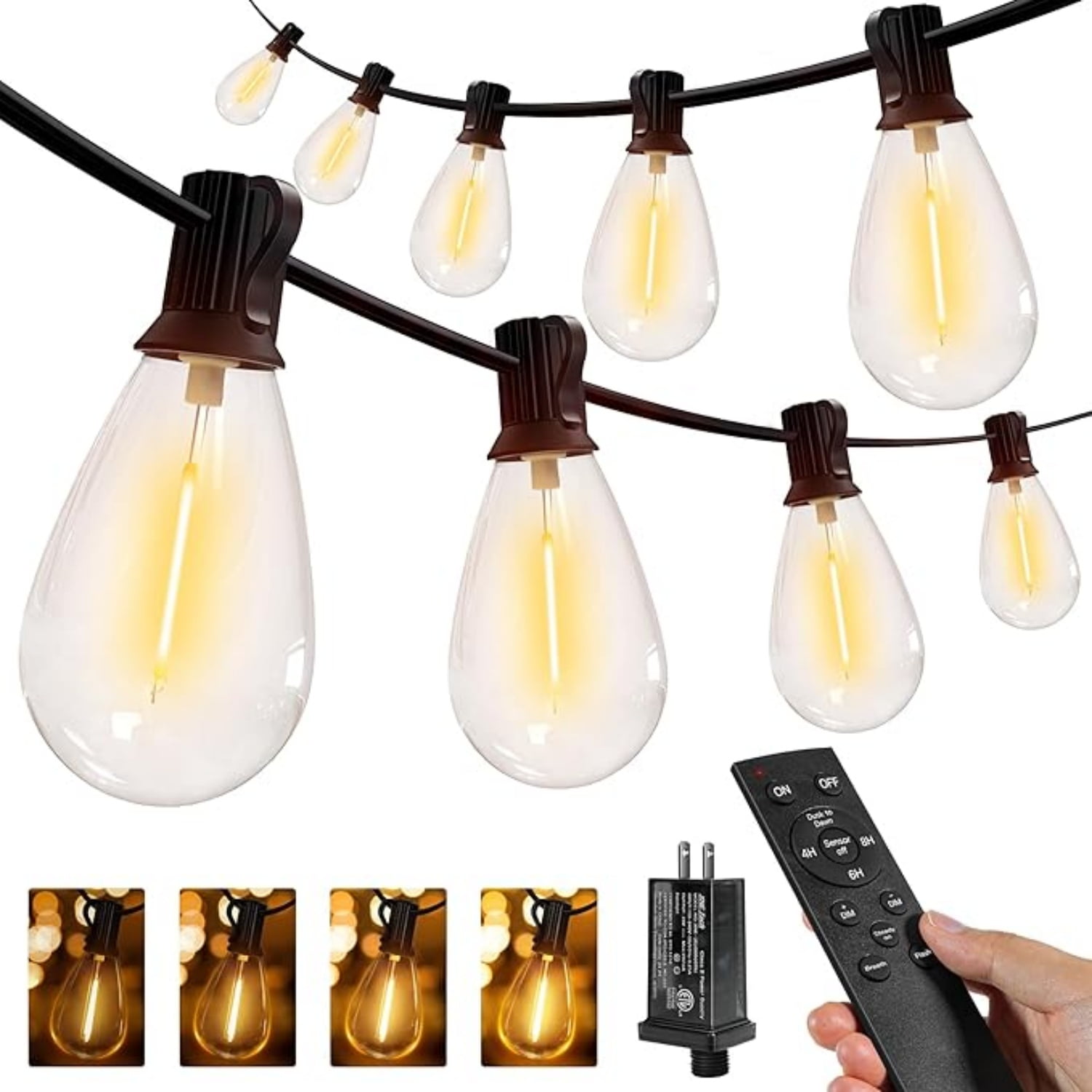 100FT Outdoor String Lights with Remote, Plug in Waterproof Connectable 3 Modes Dimmable Timers Patio Lights with 48+2 LED Spare Bulbs, Dusk to Down Outdoor Light for Outside Bistro Yard
