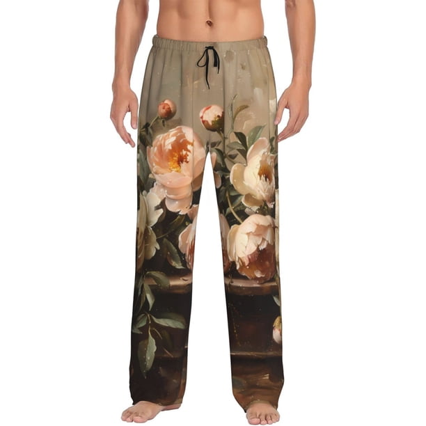 Fotbe Vintage Peonies Rustic Charm Pantalones de Pijama para Hombre, Pantalones de Dormir, Pantalones de Casa con Cintura Ajustable y Bolsillos-Large
