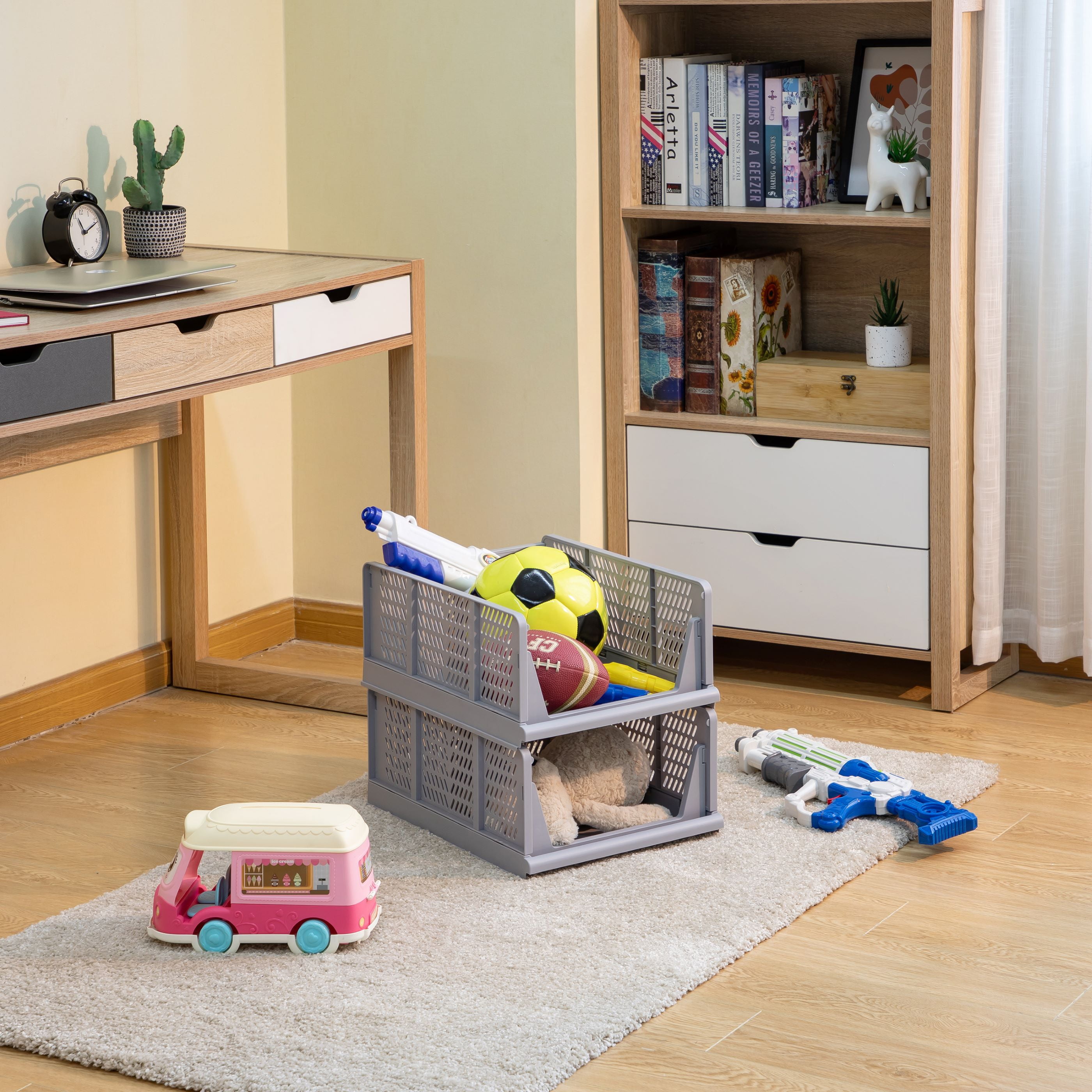 Your Zone Kids Collapsible Stacking Plastic Storage Bin, Grey, 13 in x 17 in x 1.3 in