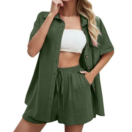 OJSFQUFP Womens Matching Set Green Women s Vacation Fashion Casual Suit Solid Color Summer Shorts and Shirt Top Two Piece Sets Lapel Shirt Slim Suits S