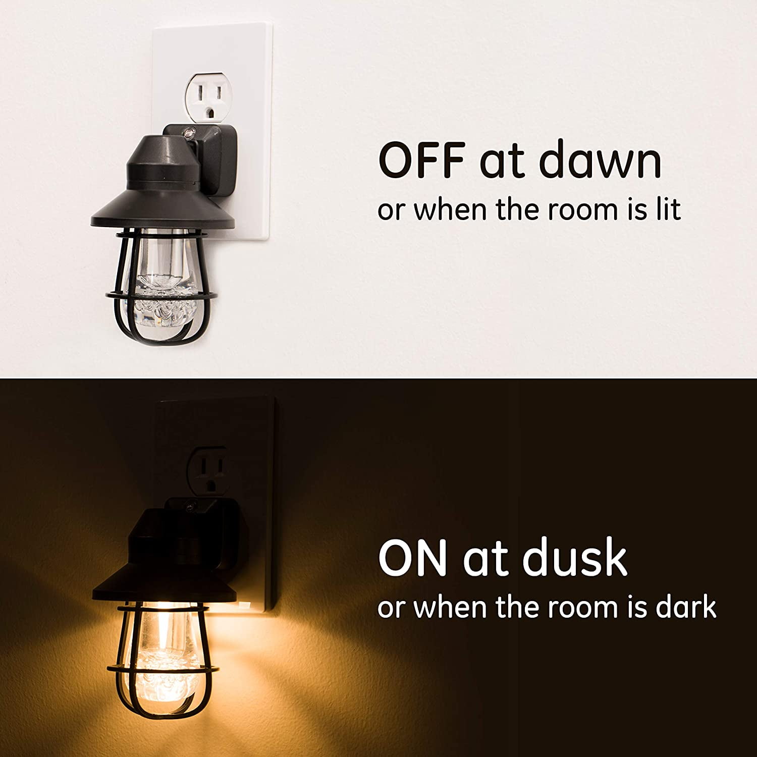 GE Vintage Night Light, LED, Plug In, Light Sensing, Black Cage, 2-Pack