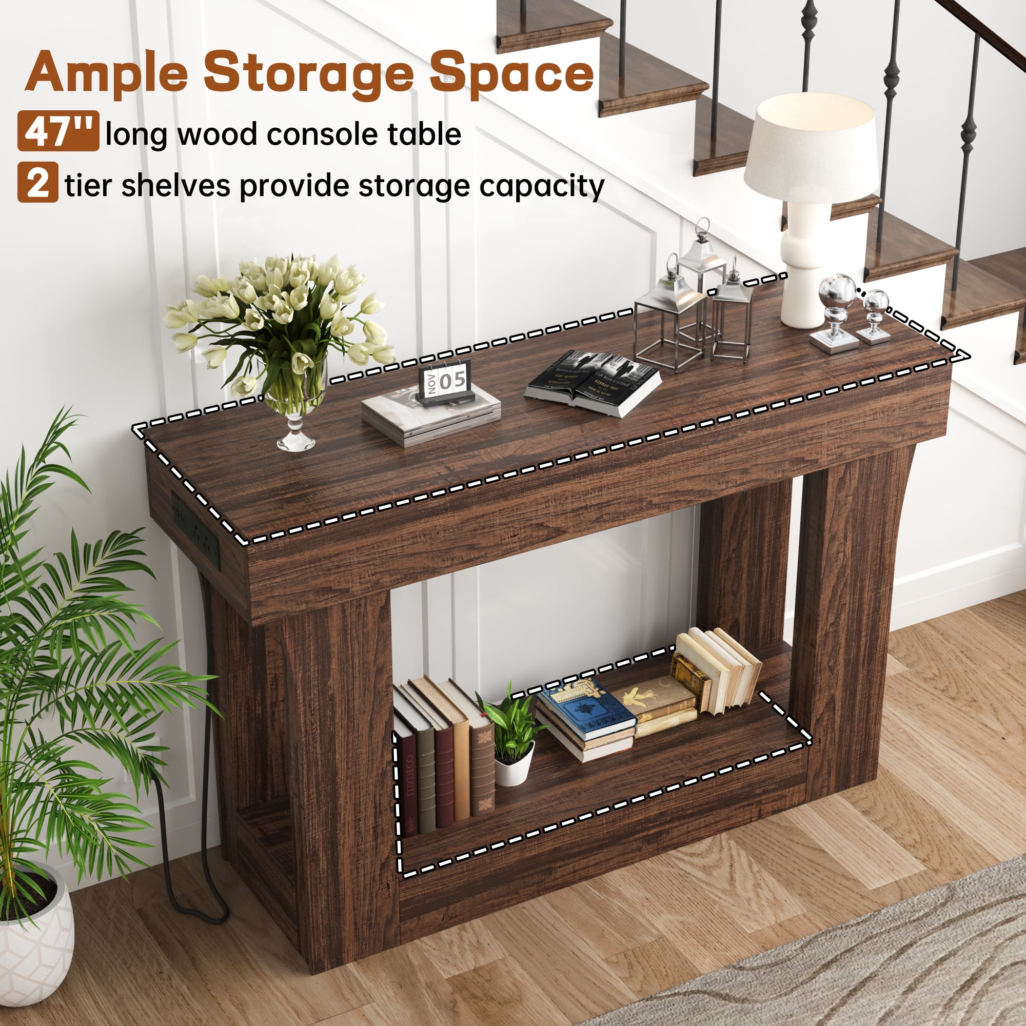 47" Long Console Table for Entryway with Charging Station, Wooden Foyer Hallway Table, Industrial Console Sofa Table for Living Room, Brown