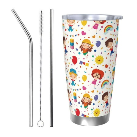 

Gaeub Childrens Party Print 20-Ounce Stainless Steel Car Cup Tumblers Cups with Lids and Straw Coffee Cups for Adults Kids Home Car Office School Travel Party-Straw Three-piece Set