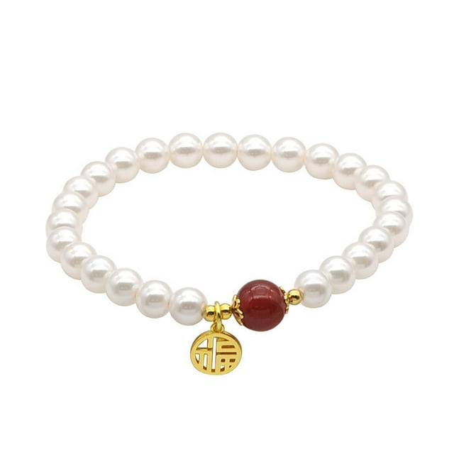 Pulsera de perlas con ágata roja y amuleto de la suerte para mujer
