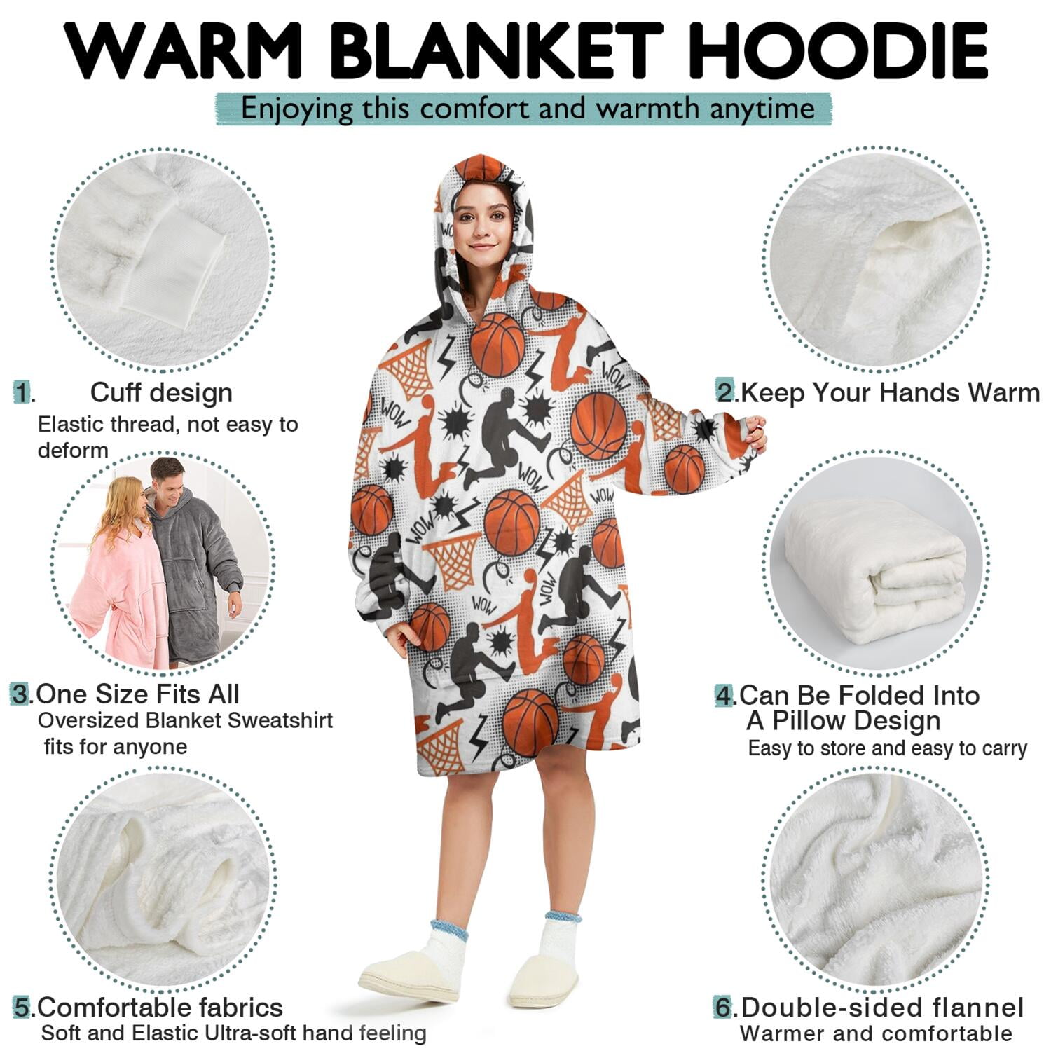 Orange Basketball Players Pattern Wearable Oversized Blanket,Wearable Blanket Hoodie for Adults,Cozy Hooded Blankets with Super Pockets,Super Warm Fuzzy Pullover for Women & Men