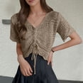 thumbnail image 2 of JIAYUE Womens Swimwear Cover-Ups Crochet V Neck Short Sleeve Hollow Solid Color Comfortable Drawstring Crop Shirt Sexy Beachwear Lace Up Bathing Suit Cover Up Top, 2 of 5