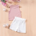 thumbnail image 3 of shoper Toddler Girl Summer Outfits 6t Crew Neck with Bow Sleeveless Tops and Shorts Loose Girls' Casual Wear for Everyday Wear Girls' Two-Piece Sets Purple 110, 3 of 4