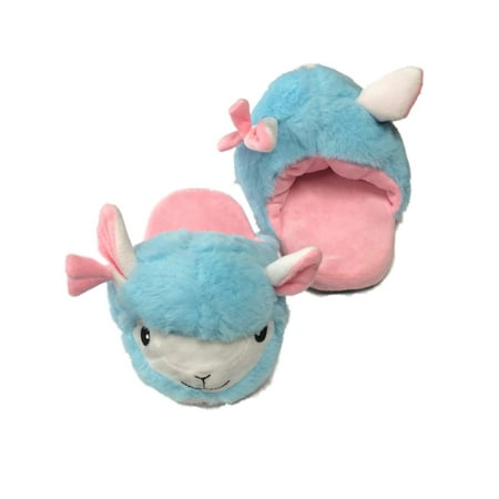 Image of Girls Plush Blue & Pink Llama Slippers Scuffs House Shoes Slides Large (4-5)