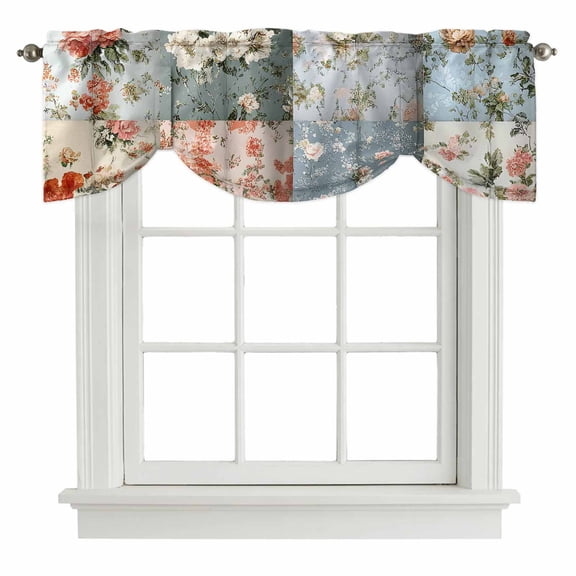 Elegant Spring Floral Tie Up Valance Curtains for Windows, Kitchen Curtains Window Shades, Summer Botanical Plaid Farmhouse Light Filtering Roman Curtain Valances for Bedroom/Bathroom/Cafe 60"x18"