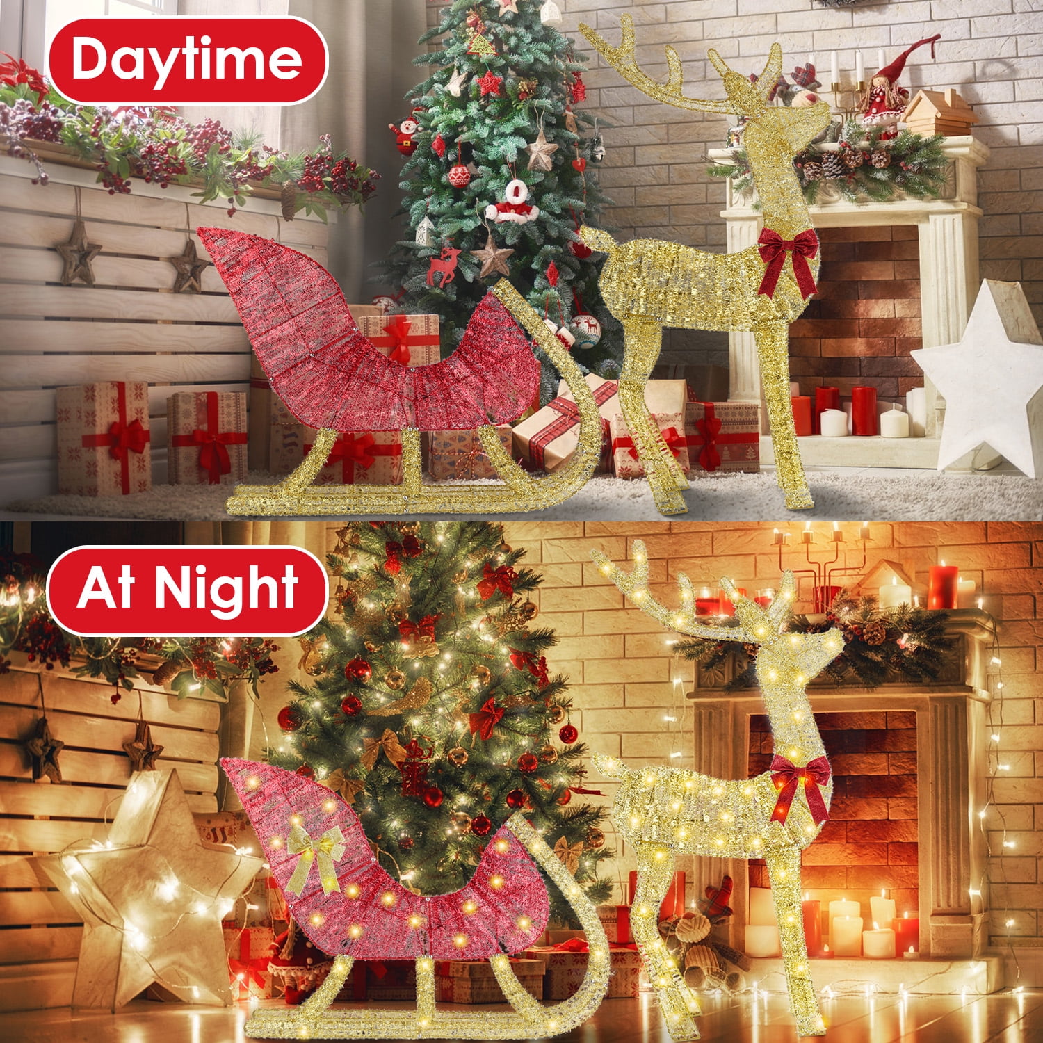 Astoutdoor Lighted Christmas Reindeer & Sleigh, 8 Modes, Warm Yellow LED, Iron & Stainless Steel, Indoor Outdoor, 16.93 x 12.99 x 1.97 in