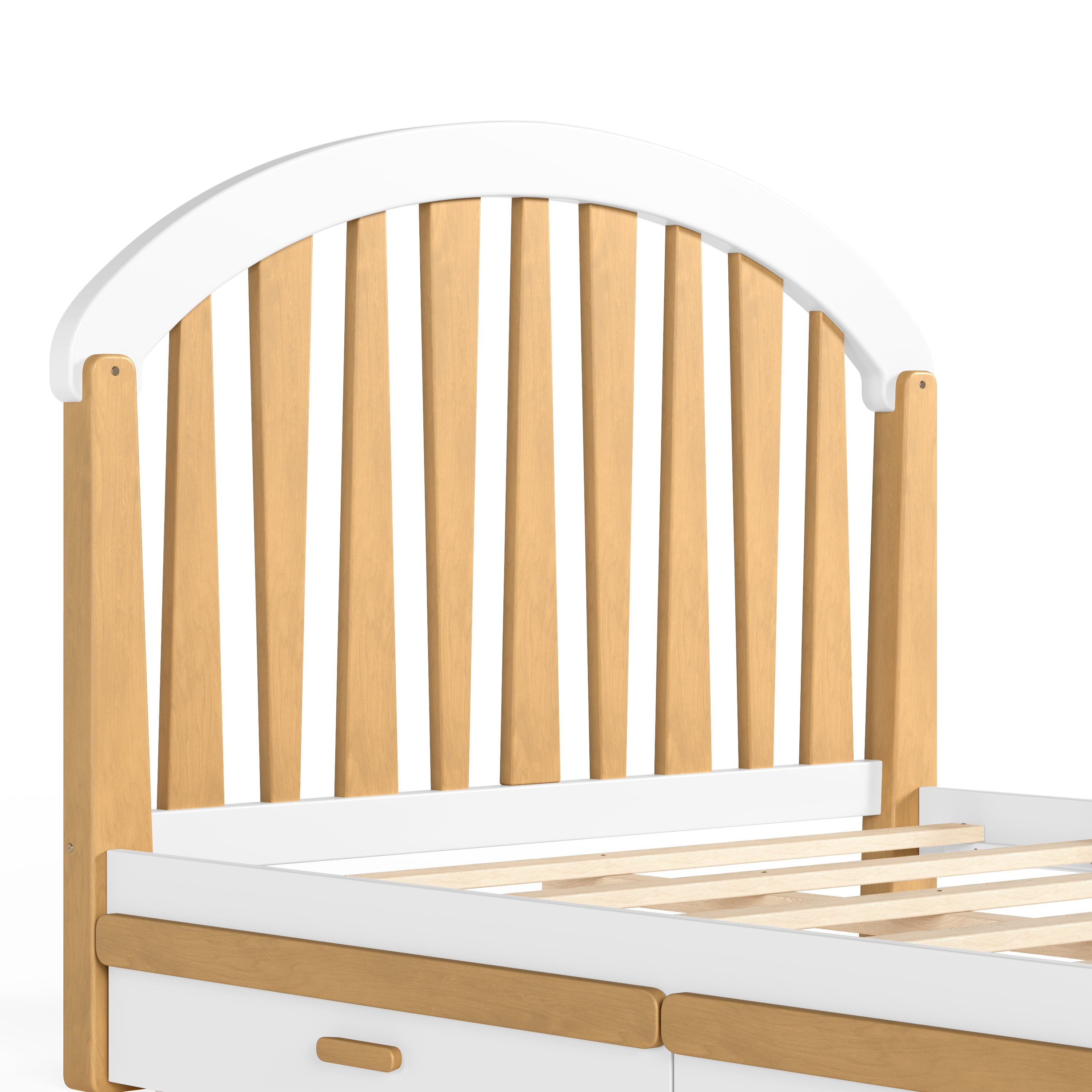 Mintazer Kids Full Size Platform Bed Frame with 2 Storage Drawers & Curved Round Headboard, No Box Spring Needed, Natural & Beige