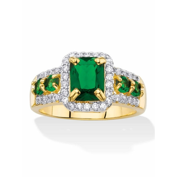 PalmBeach Jewelry Emerald-Cut Simulated Green Emerald or Red Ruby and Cubic Zirconia Halo Cocktail Ring Yellow Gold-Plated