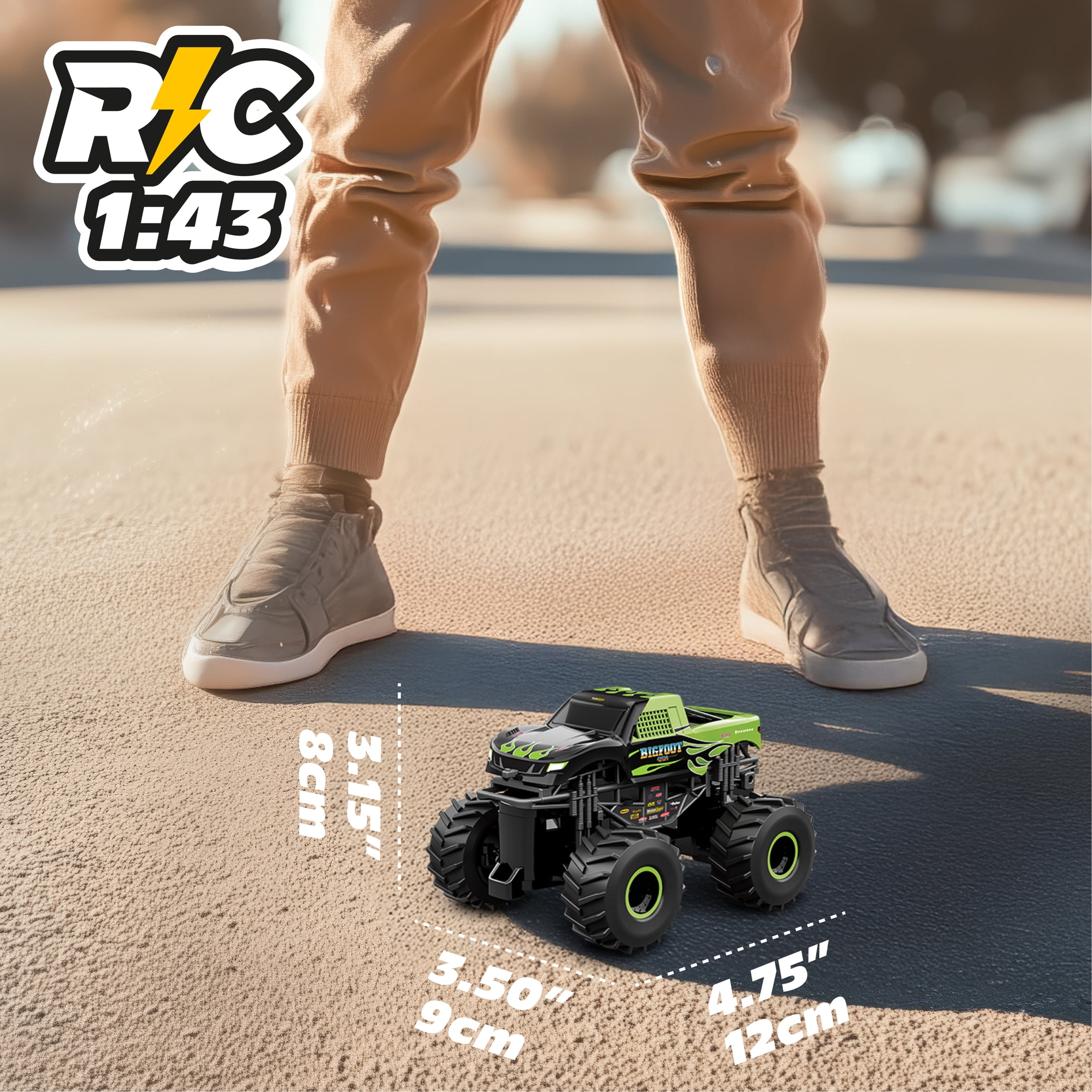 Motor Dayz 1:43 Scale RC Bigfoot Green Flames Monster Truck with LED Lights, 2.4GHz Wireless, Ages 4+, MD 1:43BIGGOOT TRUCK