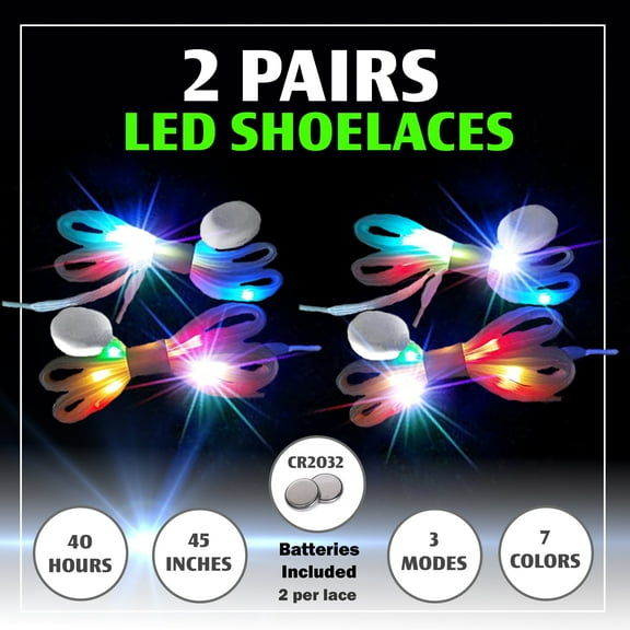 Light Up Shoelaces, 2 Pairs, 7 Colors, 3 Modes Strobe and Flashing