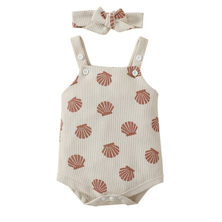 

luethbiezx Baby Girls Summer Casual Sling Romper Sleeveless Floral/Rainbow/Shell Print Playsuit with Headband