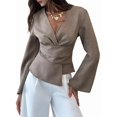 thumbnail image 3 of Women'S Wrap V Neck Work Blouses Dressy Casual Asymmetrical Pleated Business Tops Brown S, 3 of 9