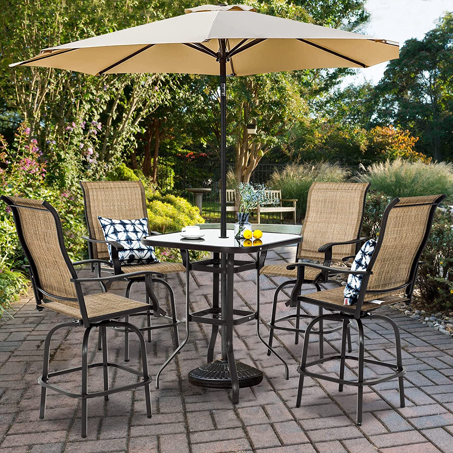 Outdoor Patio Swivel Bar Sets, BTMWAY 3 Piece Bar Height Bistro Set with Glass Top Dining Table and 2 Swivel Bar Stools, All-weather Fabric High Top Conversation Set for Backyard Balcony Front Porch - image 3 of 18