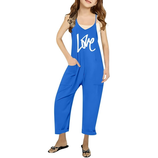 WEIYLL Justaucorps pour Filles Confortables Été Légers Amples Imprimés Sans Manches avec Poches Ajustement Lettre Col en V Bleu Vêtements pour Tout-Petits de 13-14 Ans