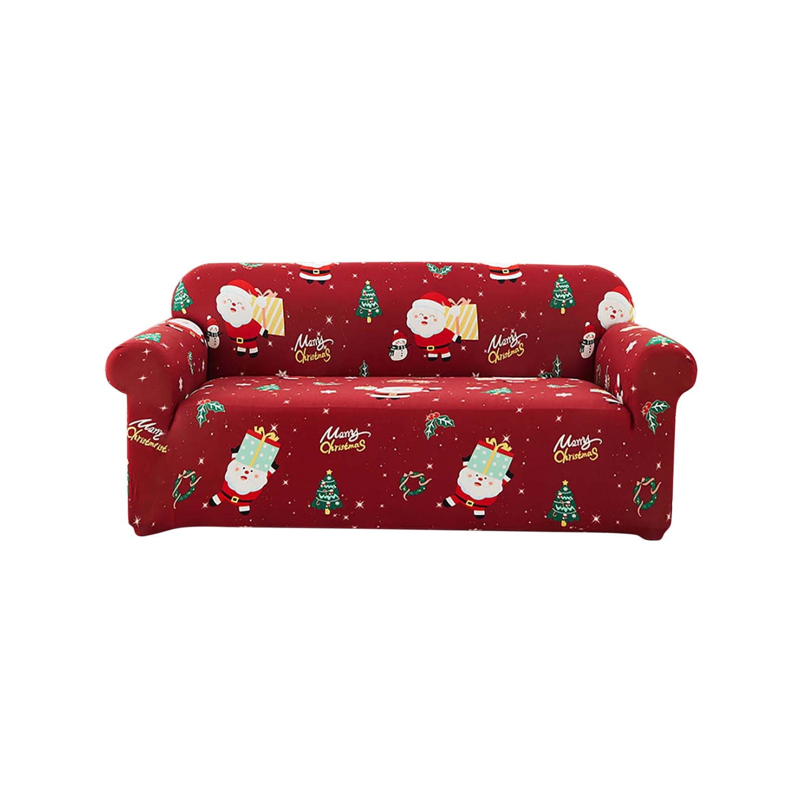 Loyerfyivos Christmas Sofa Cover Santa Claus Printed Sofa Couch Cover Washable Furniture Protector with Elastic Bottom Xmas Home Room Festival Decoration (3 Seater)