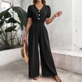 thumbnail image 6 of Costeam Womens Short Sleeve Button Front V Neck Jumpsuit Ruched Cinched Waist Wide Leg Full Length Solid Color Wrinkle Resistant Loose Casual One Piece Long Trousers Outfit, 6 of 9
