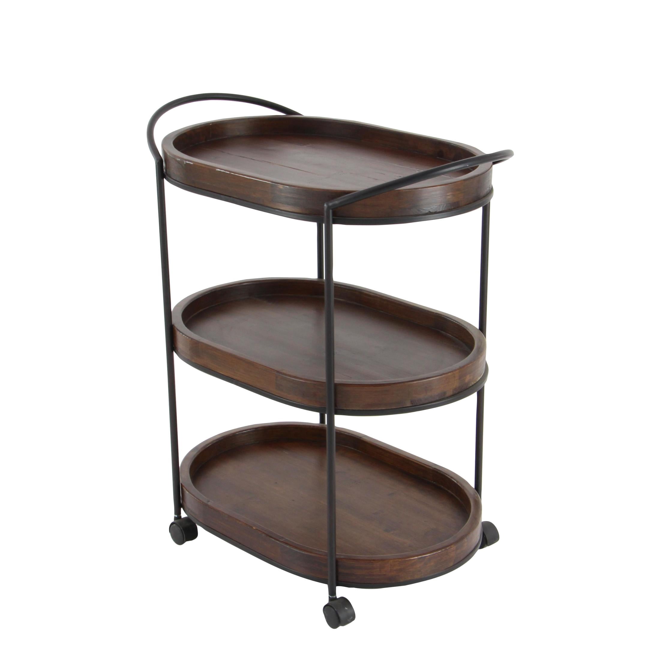 DecMode 25" x 30" Brown Wood Rolling Oval 3 Shelf Bar Cart with Black Metal Frame, 1-Piece