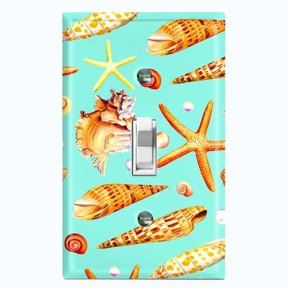 Metal Light Switch Wall Plate Outlet Cover (Colorful Ocean Crab Star Fish Sea Shell Teal - Single Toggle)