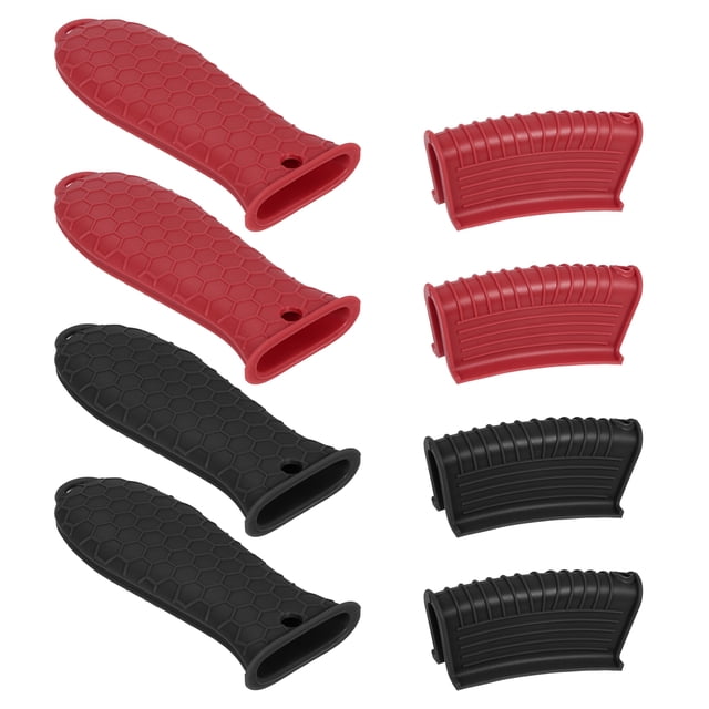 8 piezas de cubiertas de mango de sartén de hierro fundido, soporte de mango caliente de silicona, antideslizante resistente al calor para sartén de metal Negro/Rojo