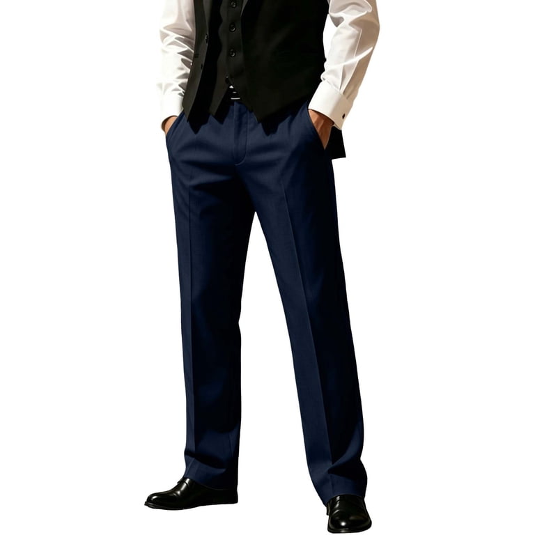 Hlysgo Mens Dress Pants Straight Leg Pleat-Front Casual Suit Pant Plain Comfort Work Office Business Lounge Trouser with Pockets Navy,3xL, Men's