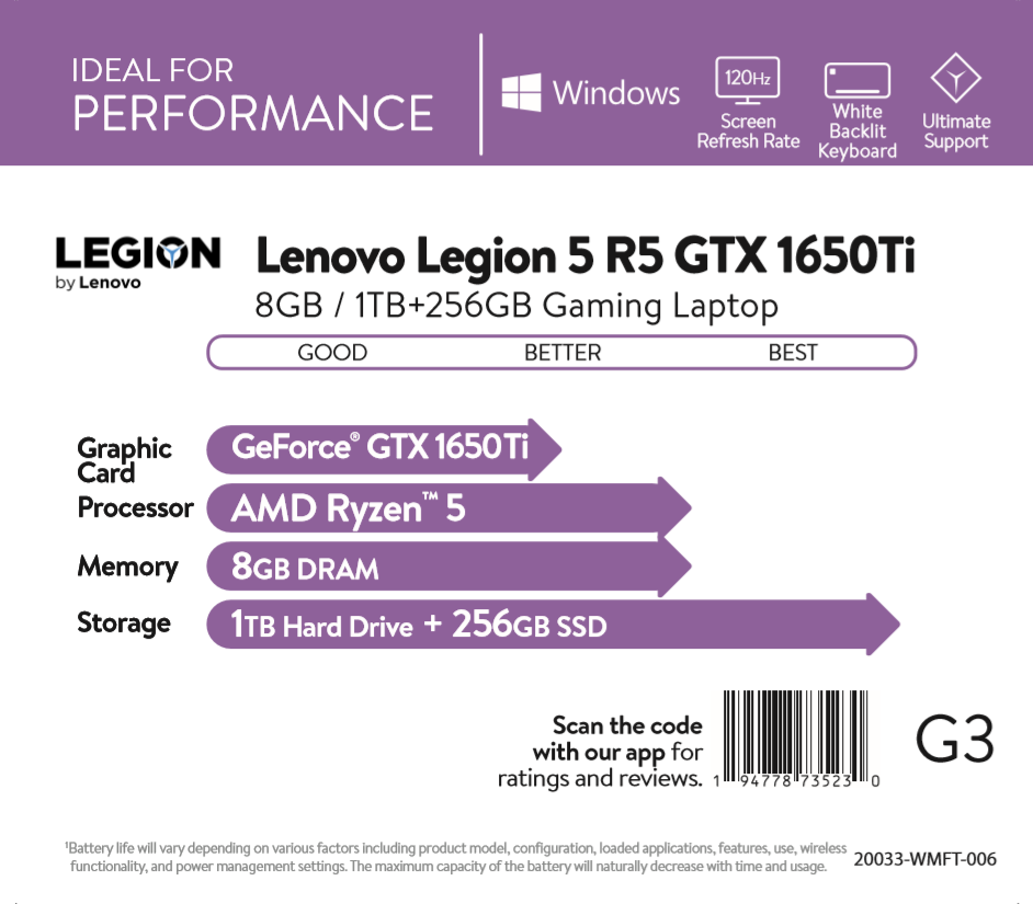 Lenovo Legion 5, 15.6" FHD, AMD Ryzen 5 4600H, NVIDIA GeForce GTX 1650Ti, 8GB, 256GB SSD + 1TB HD, Phantom Black, Windows 10 Home, 82B5001XUS - image 4 of 19