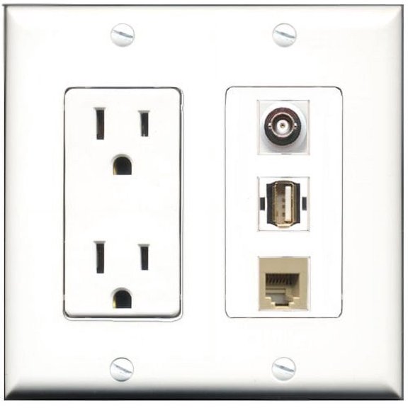 RiteAV - 15 Amp Power Outlet 1 Port USB A-A 1 Port Phone Beige 1 Port BNC Decorative Wall Plate