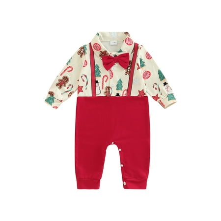 

Amuver Baby Boy Christmas Jumpsuit + Bow Tie Cartoon Print Gentleman Style Holiday Clothing