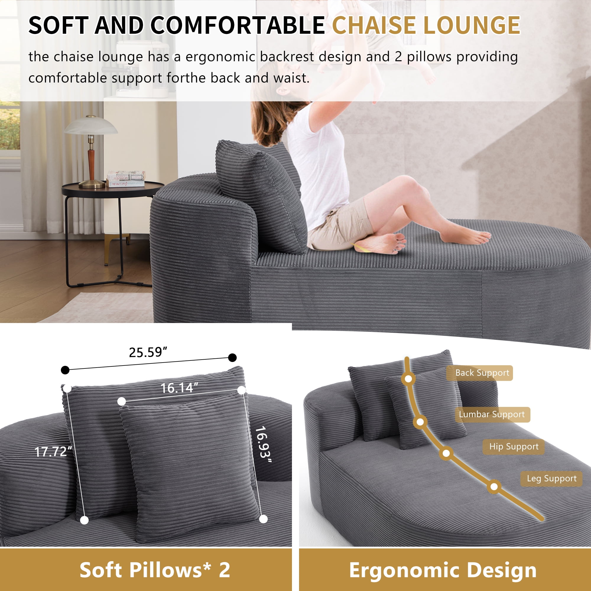 Leumius Chaise Lounge Chair Indoor,Upholstered Sofa Bed with Soft Pillows,Convertible Boneless Sofa Bed for Living Room,No Assembly Required,Dark Gray