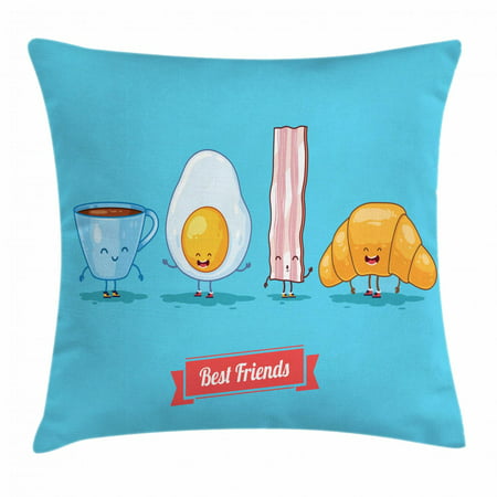 Bacon Throw Pillow Cushion Cover, Comic Figures of Breakfast Menu as Cup of Coffee Egg Bacon Croissant Best Friends, Decorative Square Accent Pillow Case, 18 X 18 Inches, Multicolor, by (Best Egg Rolls Ever)