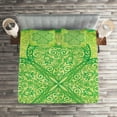thumbnail image 2 of Irish Coverlet Set Queen Size, Traditional Heart Motifs in Green Tones Monochrome Illustration Swirls, Quilted 3 Piece Decor Bedspread Set with 2 Pillow Shams, Green Pale Avocado Green, by Ambesonne, 2 of 2