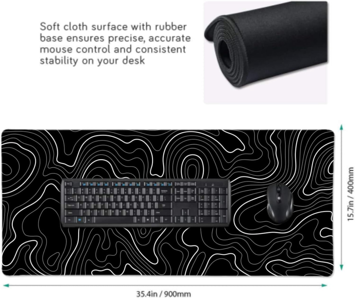 Topographic Contour Gaming Mouse Pad 35.4 X 15.7 Inch XXL Black Geographic Map Lines Full Des Mousepad Extended Large Non-Slip Rubber Base Keyboard Mat with Stitched Edges for Home Office