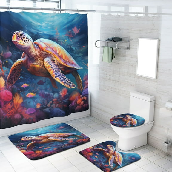Turtle 4 Pcs Shower Curtain Set Ocean Animal Coral Seaweed Underwater World Sea Marine Life Waterproof Fabric Cloth Bath Curtain, Non-Slip Bathroom Rugs Bath Mats, 72x72 Inch