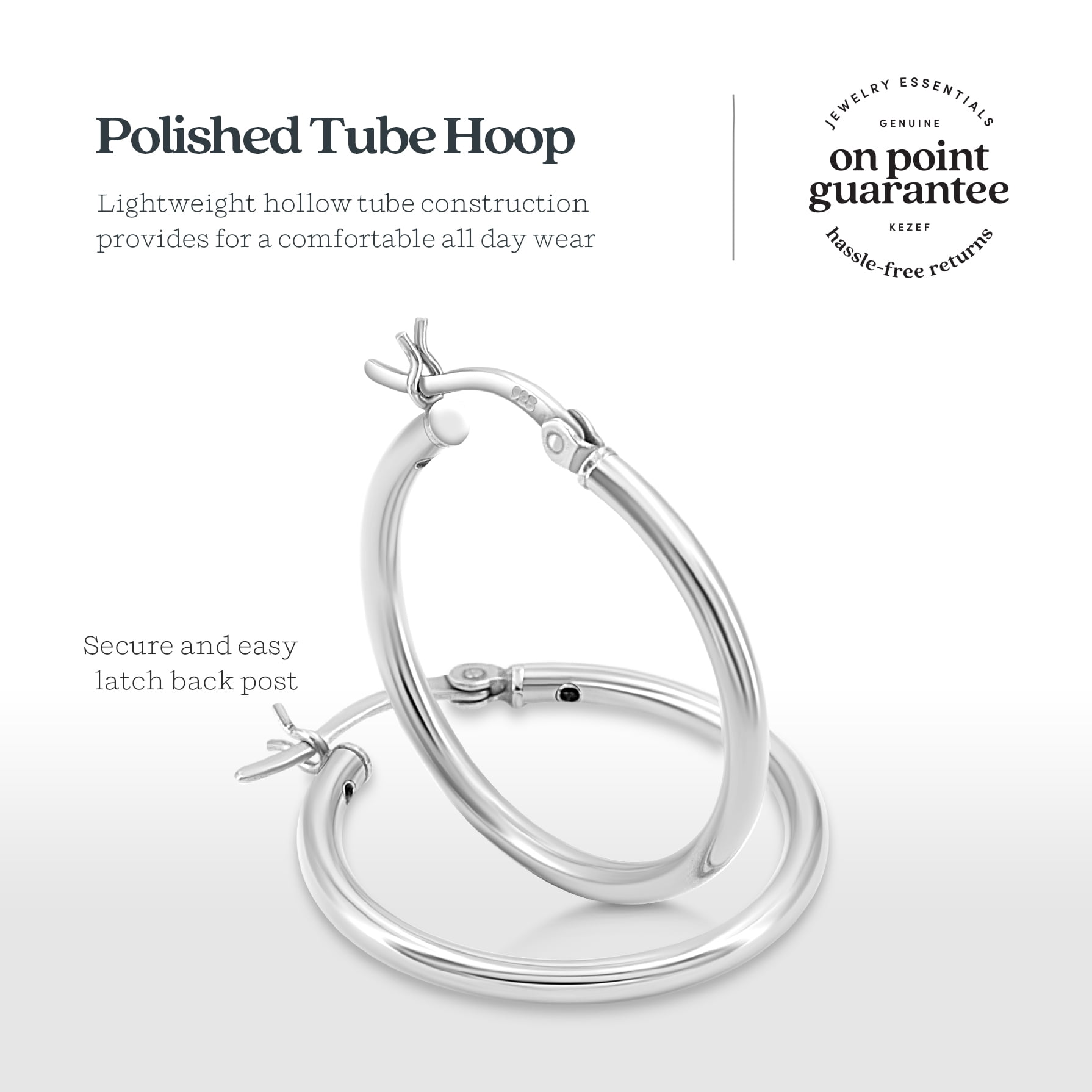 Kezef 925 Sterling Silver Hoop Earrings | 2mm High Polished Silver Hoops for Women, Men | Lightweight Earring 25mm Diameter