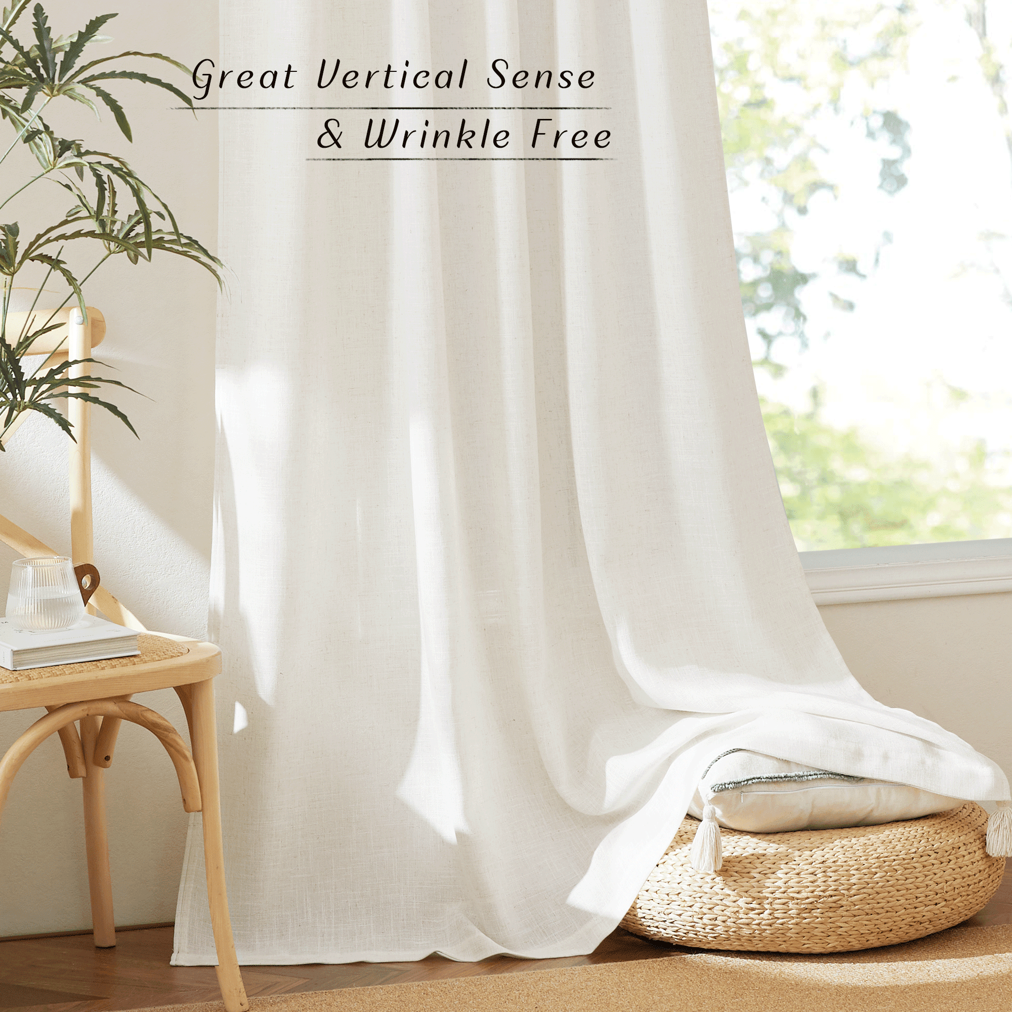 NICETOWN Semi Sheer Linen Curtains 108 inches Long for Bedroom, Light Filtering Half Privacy Back Tab/Rod Pocket Farmhouse Living Room Window Curtains, Linen, 52"x 108", 2 Panels