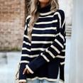 thumbnail image 6 of RYRJJ Women's Turtleneck Oversized Sweaters Fall Long Sleeve Spilt Hem Tunic Pullover Sweater Striped Knit Jumper Tops(Navy,M), 6 of 8