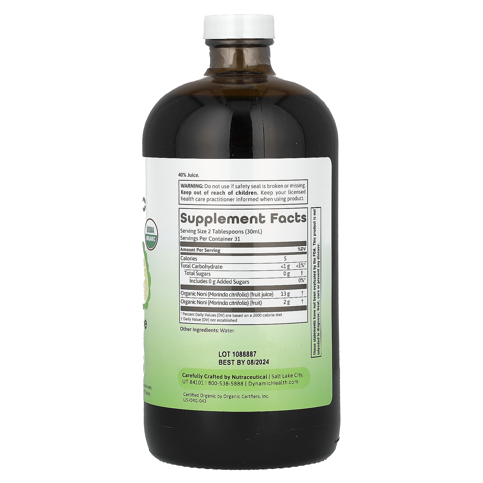 Dynamic Health Certified Organic Noni Juice, Glass, 32 fl oz (946 ml)
