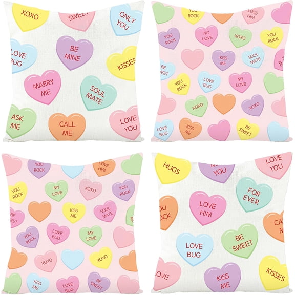 4Pcs Valentines Day Candy Conversation Cute Heart Throw Pillow Covers, Burlap Hearts Love Cushion Case Decoration for Sofa Couch, 2 Designs Square Valentine Theme Party Home Decor (18 x 18 In)
