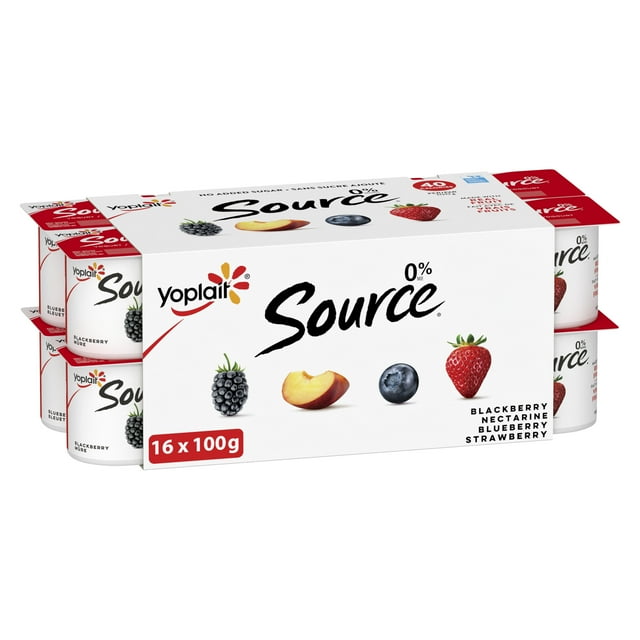 Yoplait Source 0% Smooth Traditional Yogurt Cups Variety, No Added Sugar, 16x100g